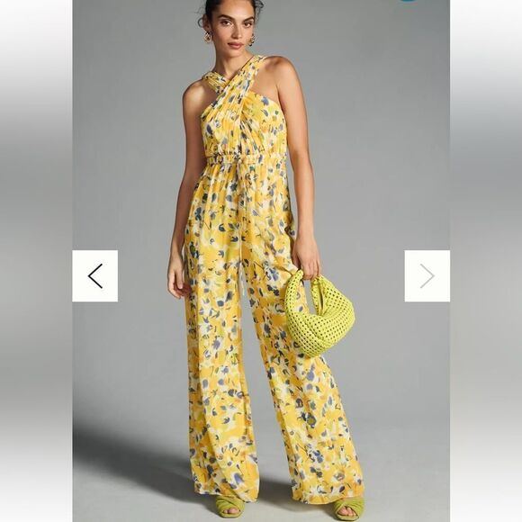 NWT Mac Duggal Ieena Yellow Crossed Halter Tie Waist Jumpsuit floral print Sz 6 - Picture 5 of 15